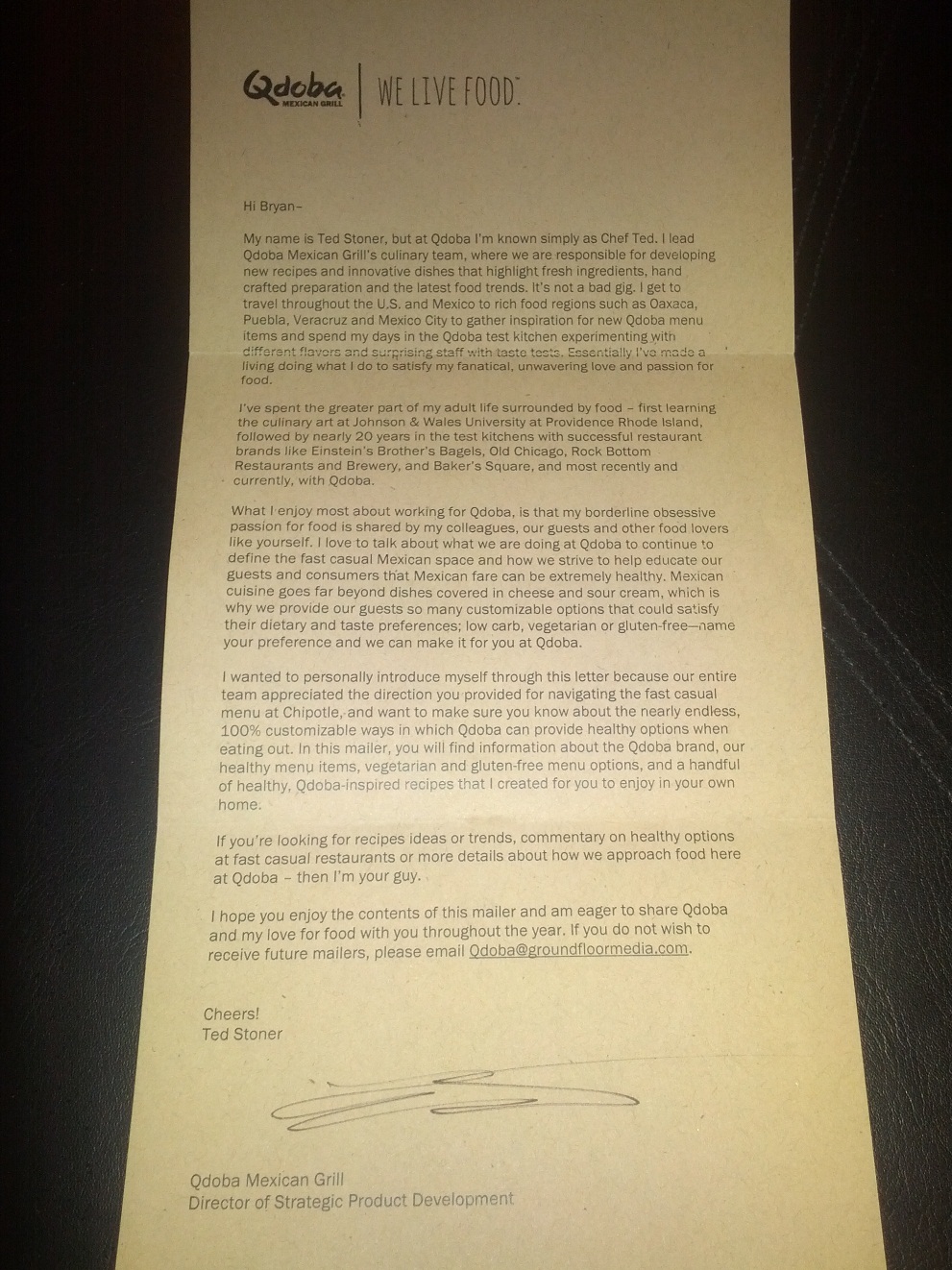Chef Ted's letter to me. Chef Ted's letter to me from Qdoba. Source: LeanItUP.com