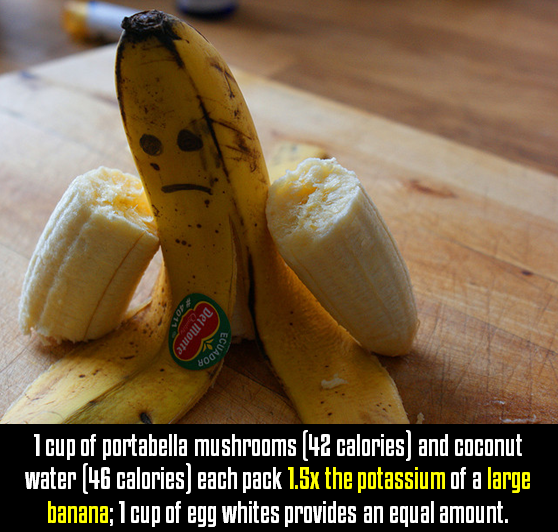 1 cup of portabella mushrooms (42 calories) and coconut water (46 calories) each pack 1.5x the potassium of a large banana; 1 cup of egg whites provides an equal amount. 1 cup of portabella mushrooms (42 calories) and coconut water (46 calories) each pack 1.5x the potassium of a large banana; 1 cup of egg whites provides an equal amount.